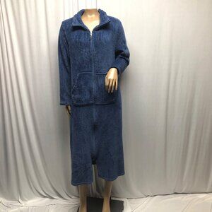 Stan Herman Blue Full-Zip Long Plush Damask Burnout Robe Womens Size Medium